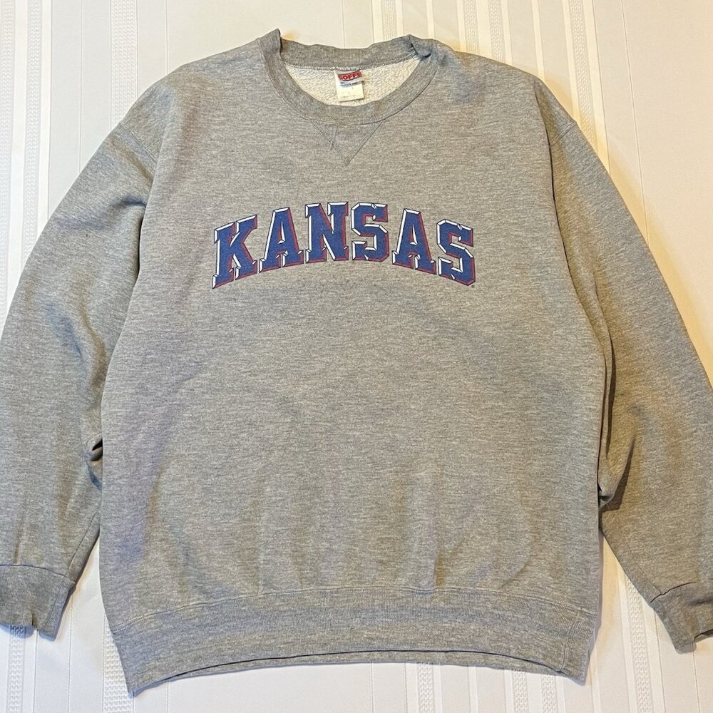 Vintage 90s Y2K University of Kansas Jayhawks Grey Sweatshirt Pullover Large